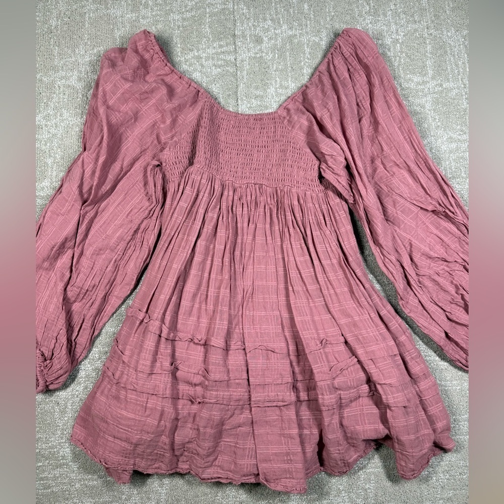 Free People Ari Mini Dress Smocked Babydoll Balloon Sleeve Mauve Boho Sz XS - Picture 6 of 6